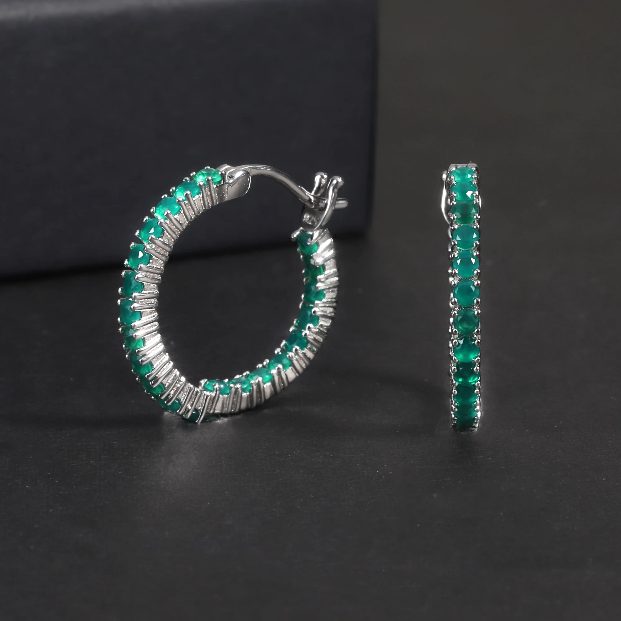 RZ0012 Abiding Jewelry 2mm Round Natural Green Agate Trendy Inside Outside Hoops 925 Sterling Silver Ear Hoop Earrings