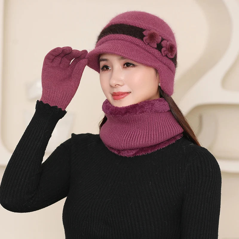 Fashion Hat Set Old Women Knit Beanie Winter Hats Scarf and Gloves Set