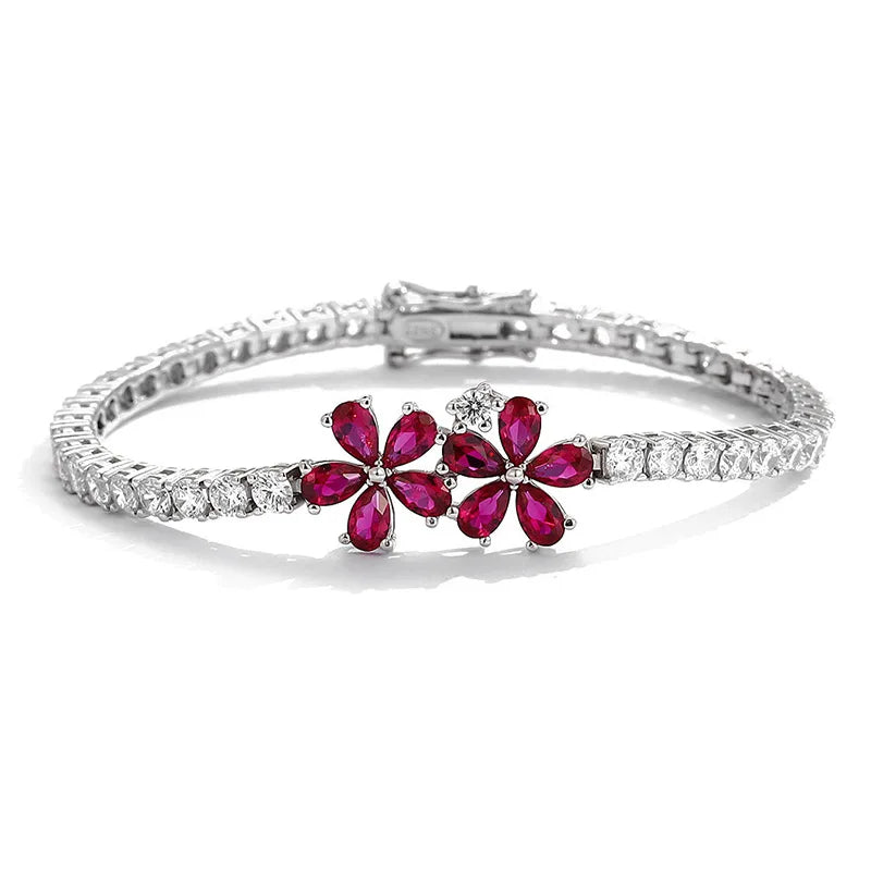 Dainty 925 Silver Fine Bracelet Women Red Flower Design 5A Cubic Zirconia 925 Sterling Silver Tennis Chain Bracelet