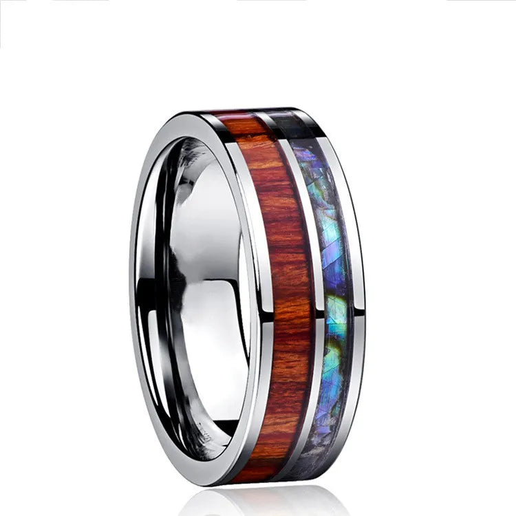 Best-Selling 8MM Tungsten Carbide Engagement Rings Wood Abalone Shell Stainless Steel  Rings Men Finger Ring