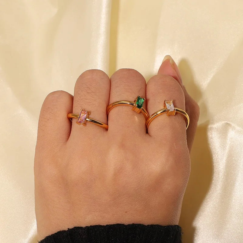 Birthstone Custom Ring Delicate 18k Gold Plated Stainless Steel Emerald Cubic Zirconia Ring Minimalist Jewelry