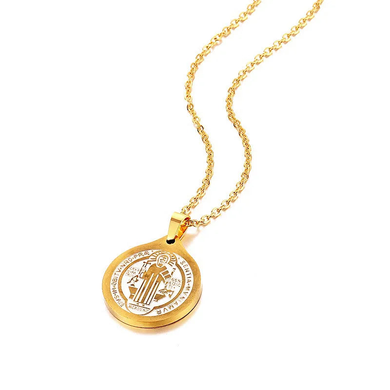 Stainless Steel Religious Items Christian Charm Chain Necklaces with Personalized Catholic Saint Benedict Cross Pendant
