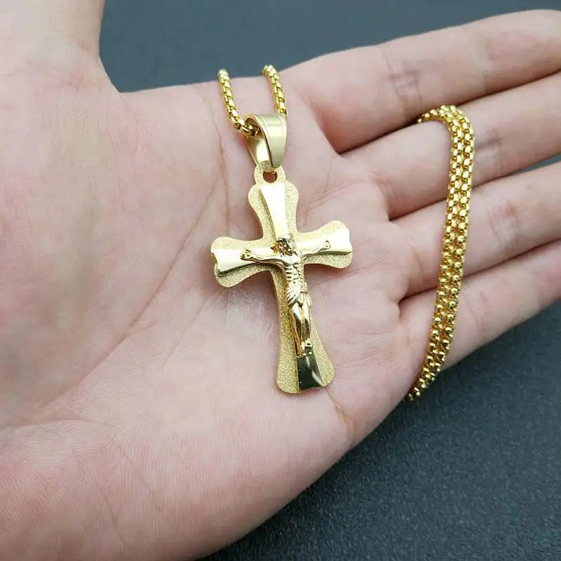 316L Stainless Steel 18k Gold Plated Christian Jewelry Charm Necklace Jesus Cross Pendant