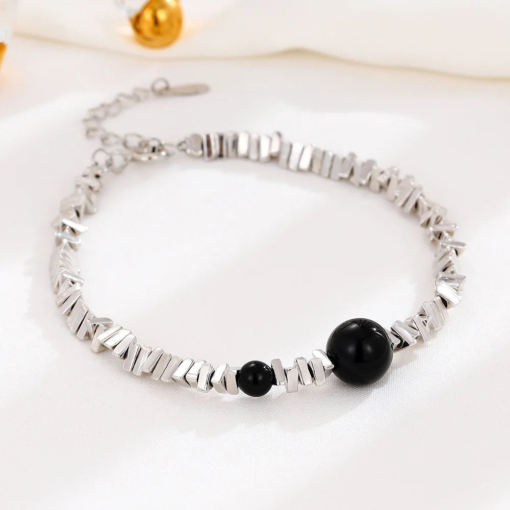 Handmade 925 Sterling Silver Triangle Bead Bracelet with Black Agate Trendy Geometric Shape for Children's Parties Engagements