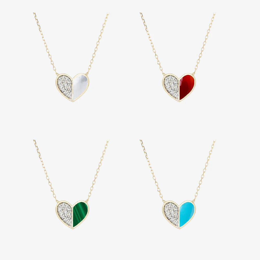 Malachite MOP Turquoise Red Coral Half Stone Half Pave Zircon Heart Pendant Women Jewelry Gold Plated Necklace
