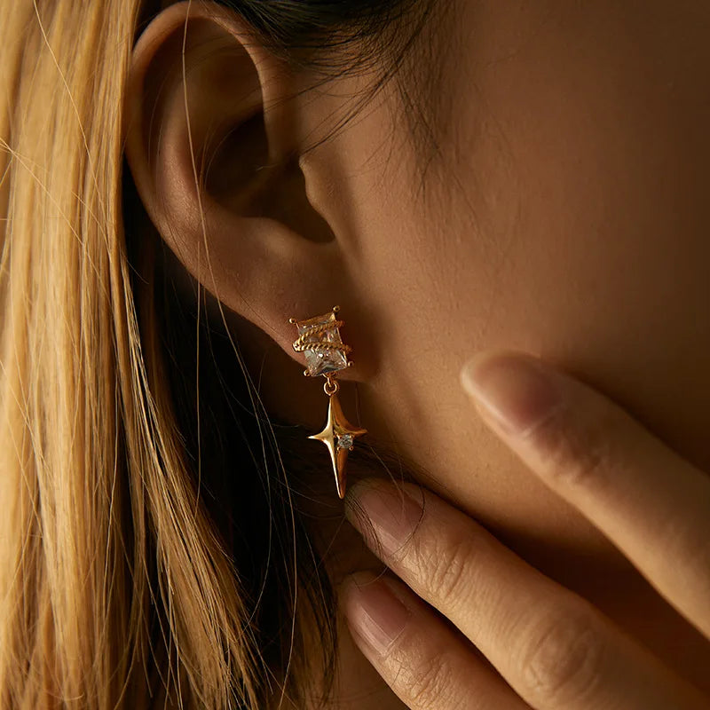 Chic Style Luxury Square Zircon Stud Earrings Exquisite Silver Needle Star Copper Plated 18K Gold Earrings for Women