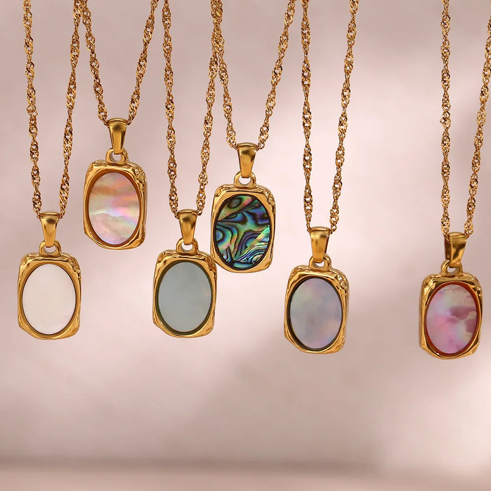Waterproof Stainless Steel Necklace Water Wave Gold Chain Rectangular Seashell Pendant Necklace for Women