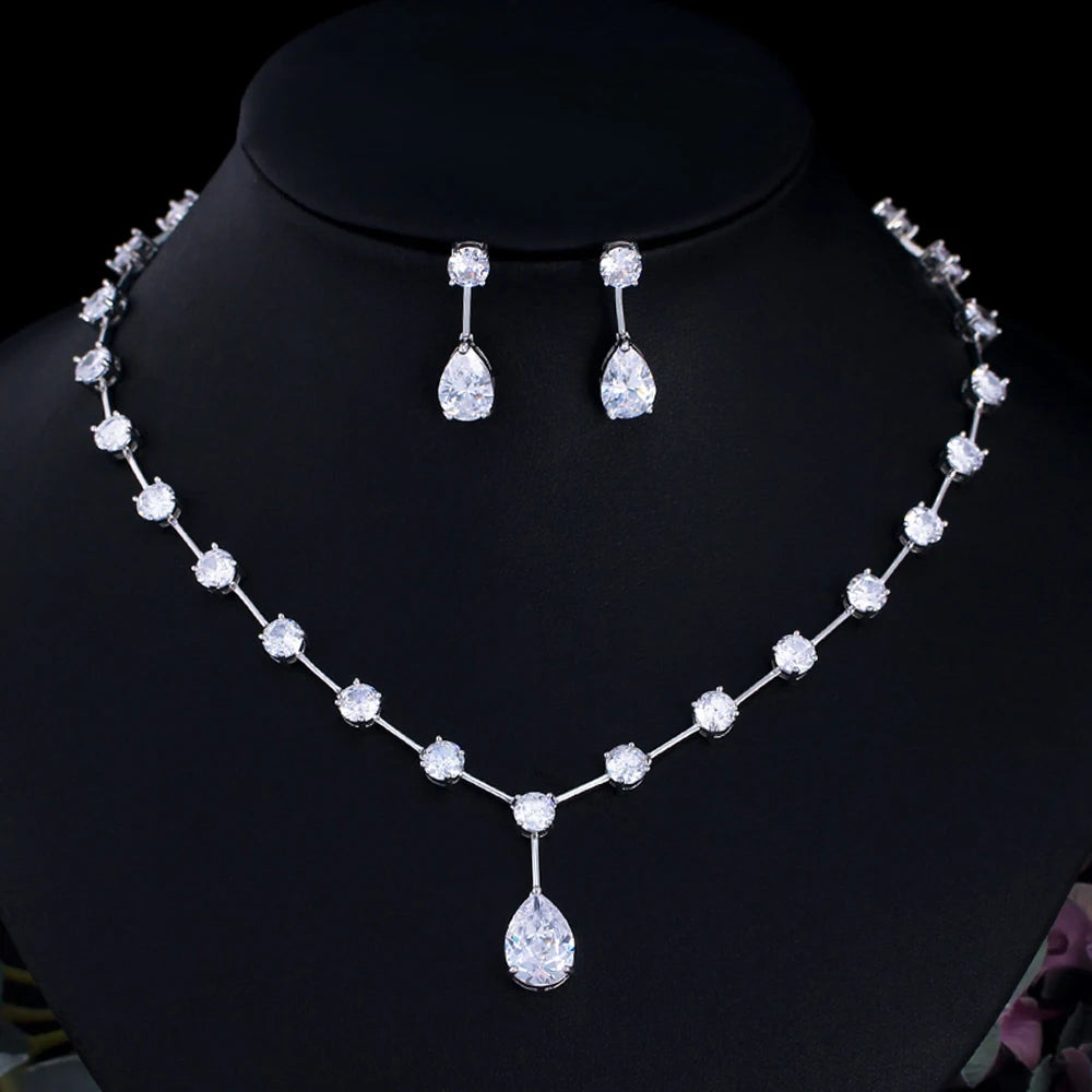 Sparkling White Cubic Zirconia Crystal Necklace and Earrings Big Chunky Water Drop Bridal Jewelry Set for Women Wedding MegaBDM