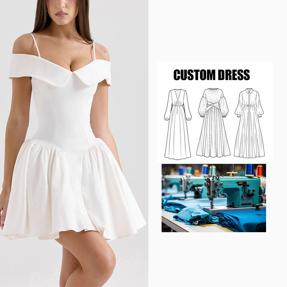 Custom Brand High Waist Pleated Dress for Women Casual Slimming Short Mini Dress One-Line Collar Suspender Natural Sweet Style