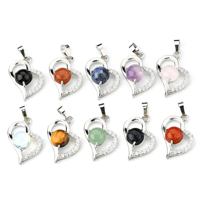 Exquisite Natural Crystal Stone Heart Pendant Copper Bezel with Silver Color Paved Crystals Pendant