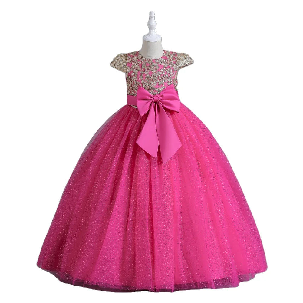 Lovely Rose Matching Girl Evening Dress Sequin Children's Princess Dress for Party Big Bow Red Flower Girl Wedding