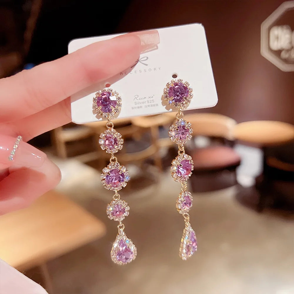 Korean Bling Rhinestone Chandelier Earrings Jewelry 925 Silver Needle Pink Crystal Tassel Earrings for Women Wedding