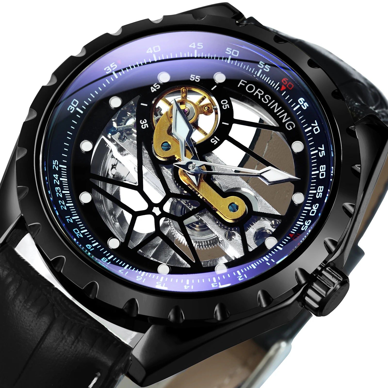 FORSINING TM392G Spider Skeleton Deluxe Watches for Men Automatic Mechanical Wrist Watch Flying Tourbillon Bridge Black Leather