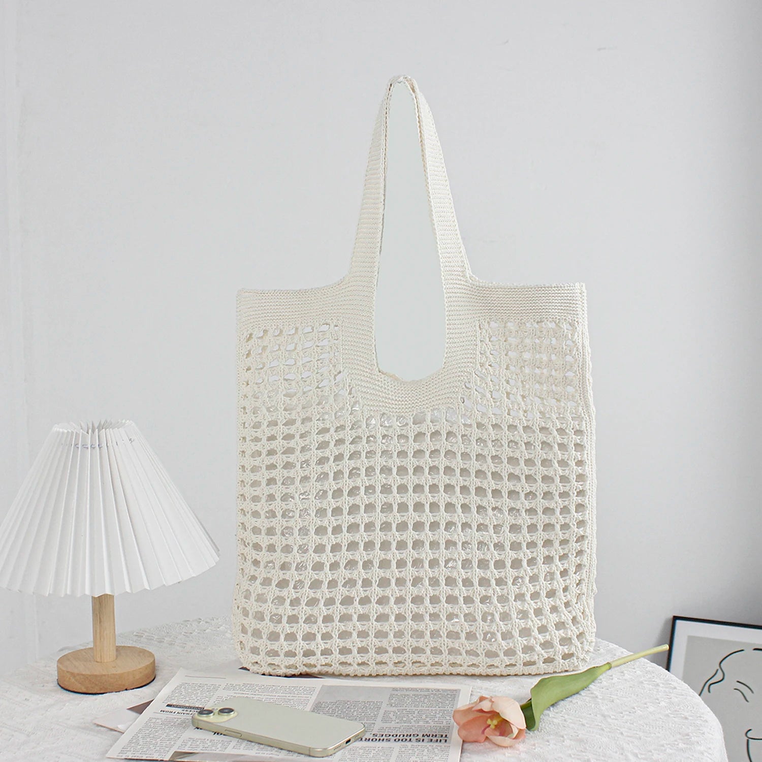 2025 Summer Autumn New Fashion Portable Open Knitted Crochet Tote Bags for Women Hollowed Out Beach & Travel Shopping