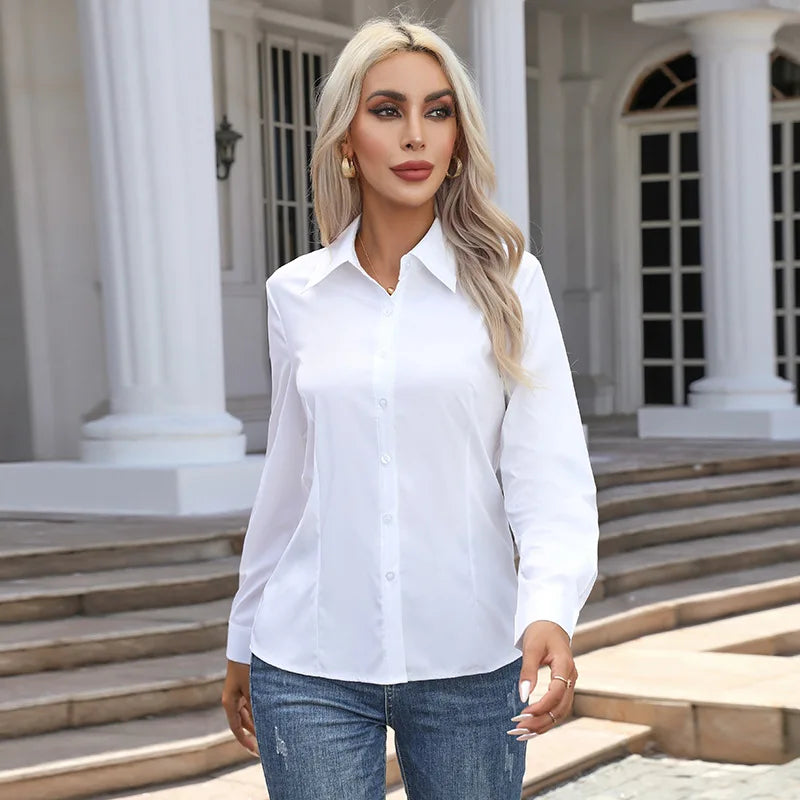RNSHANGER Women's Solid Color Long Sleeve Shirt Temperament White Business Casual Commuter Shirt Slim Button Lapel Work Blouse