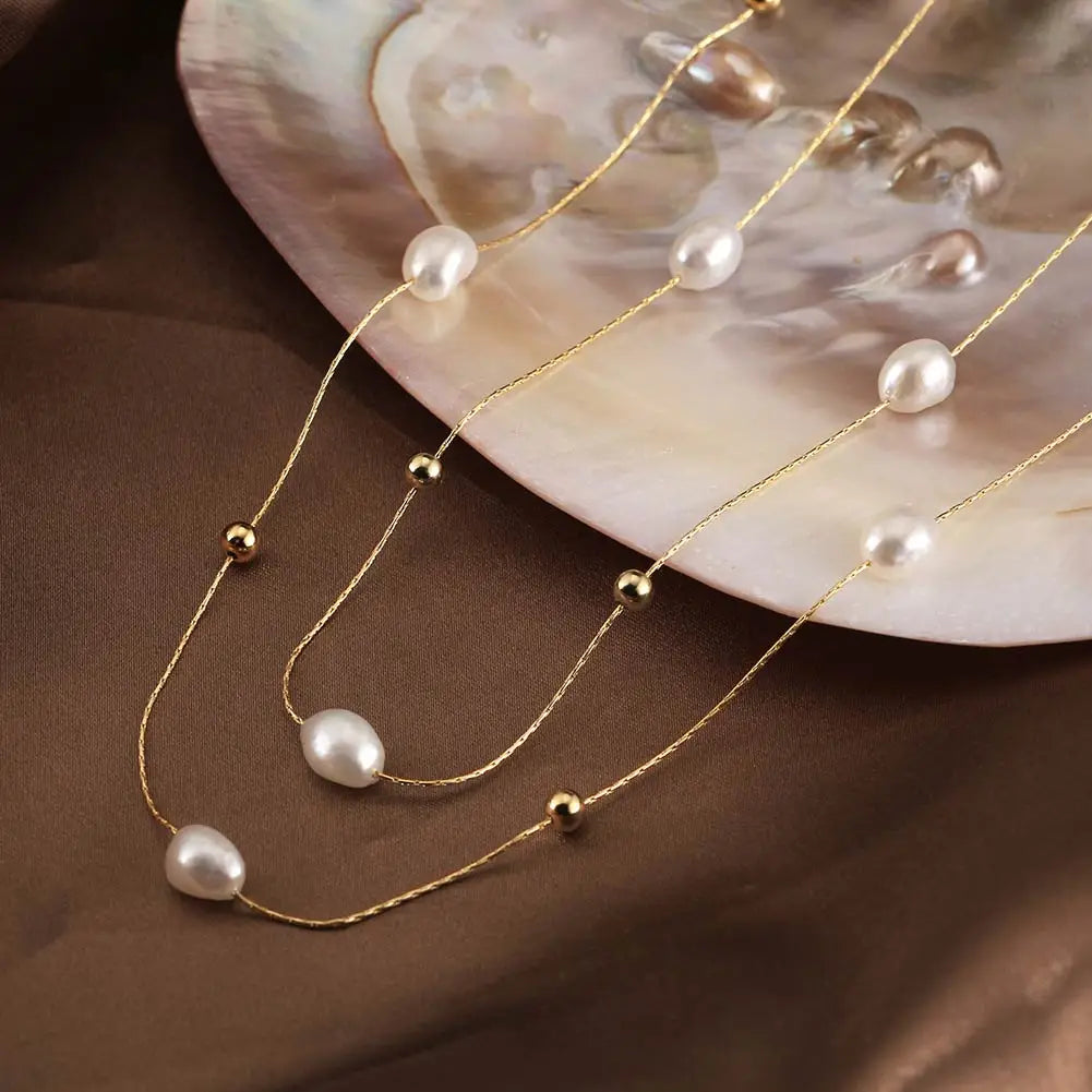 RINNTIN GPN50 Wholesale Latest Fashion Gold Plated S925 Silver Double Layered Simulated Baroque Pearl Charm Long Necklaces Women