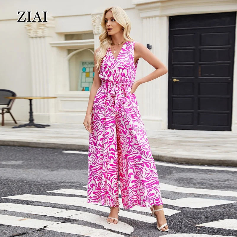 New 2025 Summer Fashionable V-Neck Waist-Cinched Printed Women's Long Pants Jumpsuit