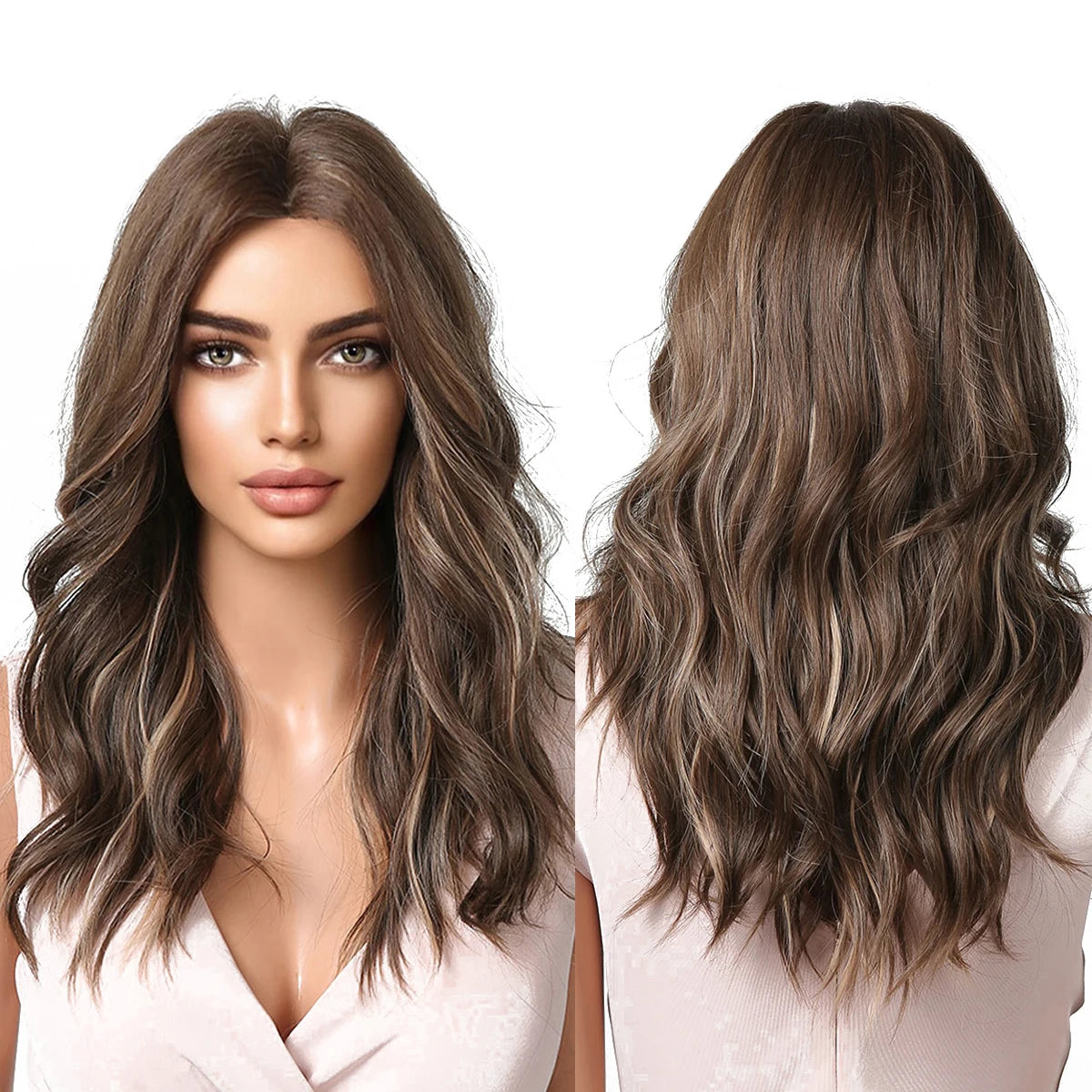 Manufacturer Brown Straight Layered Synthetic Wigs with Curtain Bangs Long Wave Wigs for Heat Resistant Hair