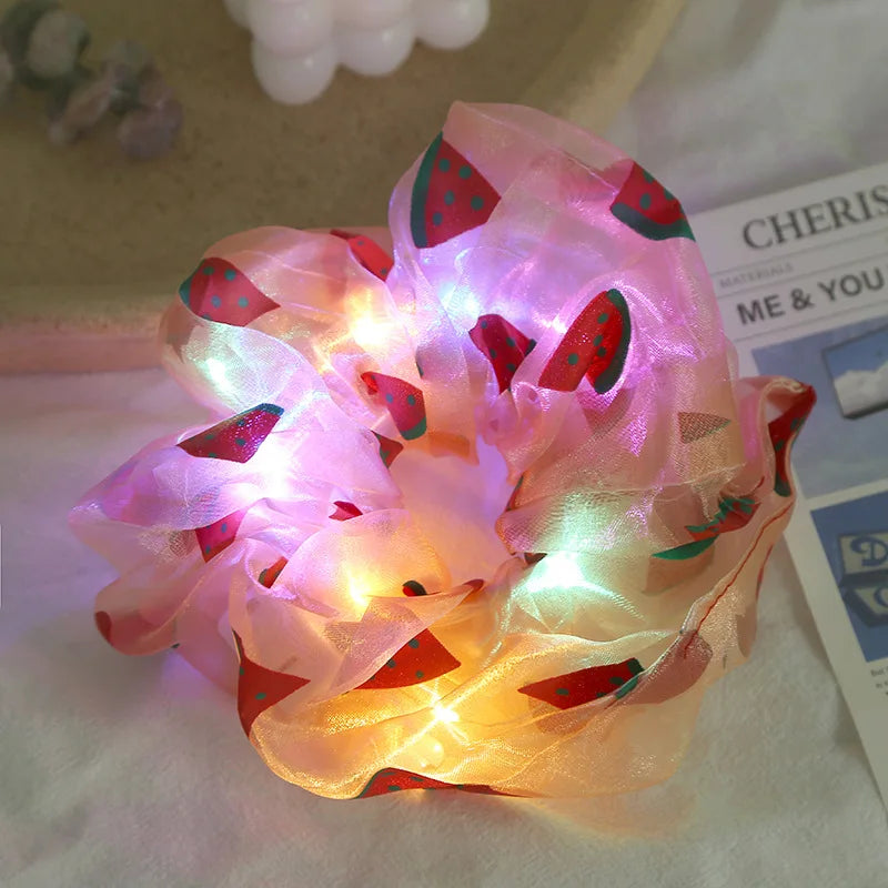 Unique Oversize Led Illuminate Glow Hair Bands Scrunchies Girls Big Silk Satin Hair Ties Light up Bulb Led Glow Hair Scrunchies