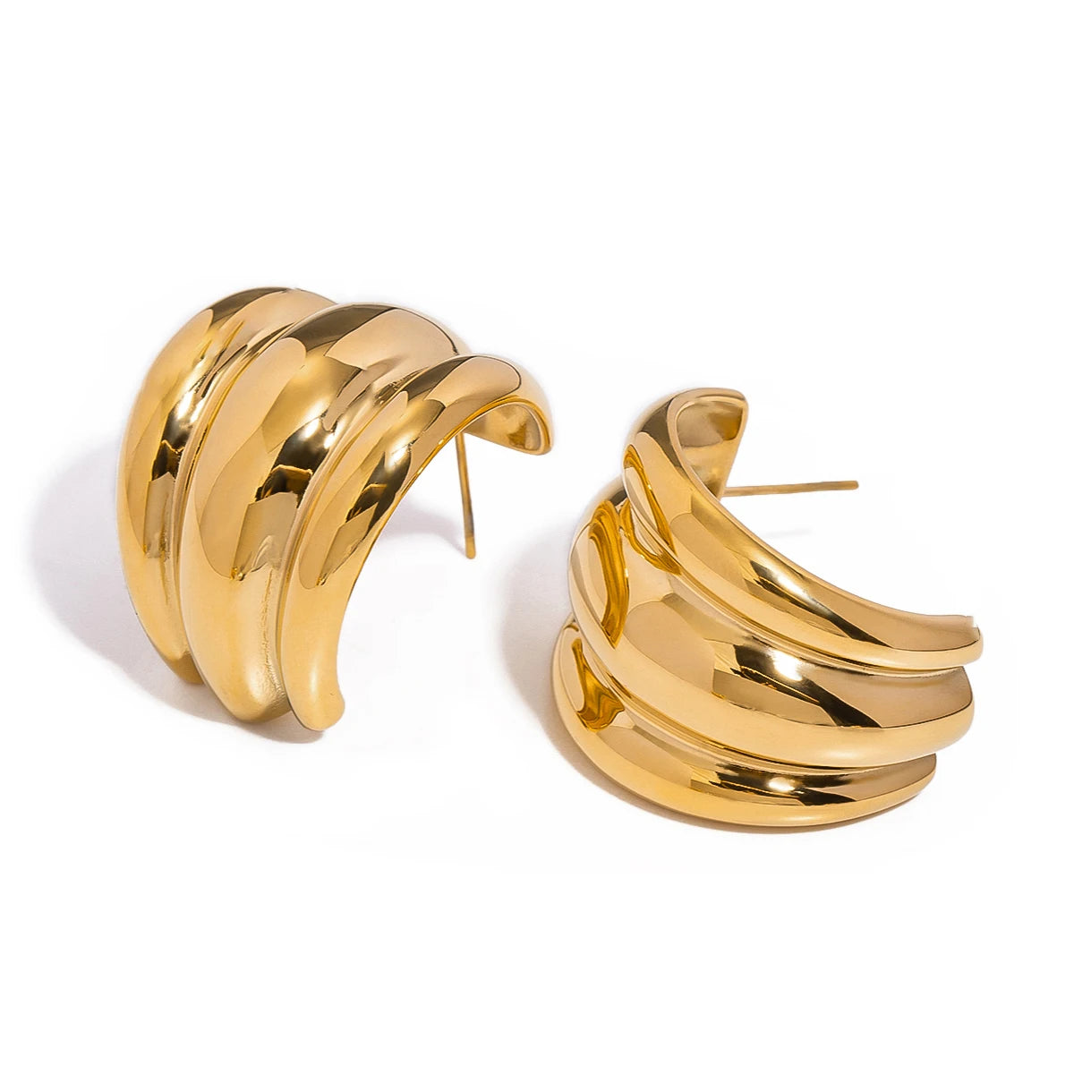 N&S Elegant and Stylish 18K Gold Stainless Steel Three-Layer Twisted Hoop Stud Earrings Trendy Geometric Fashion Jewelry
