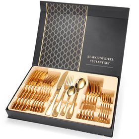 High Quality Eco-Friendly Stocked Modern Gold Inlay Dinnerware Gift Box Stainless Steel 24-Piece Sets Fork Spoon Knife