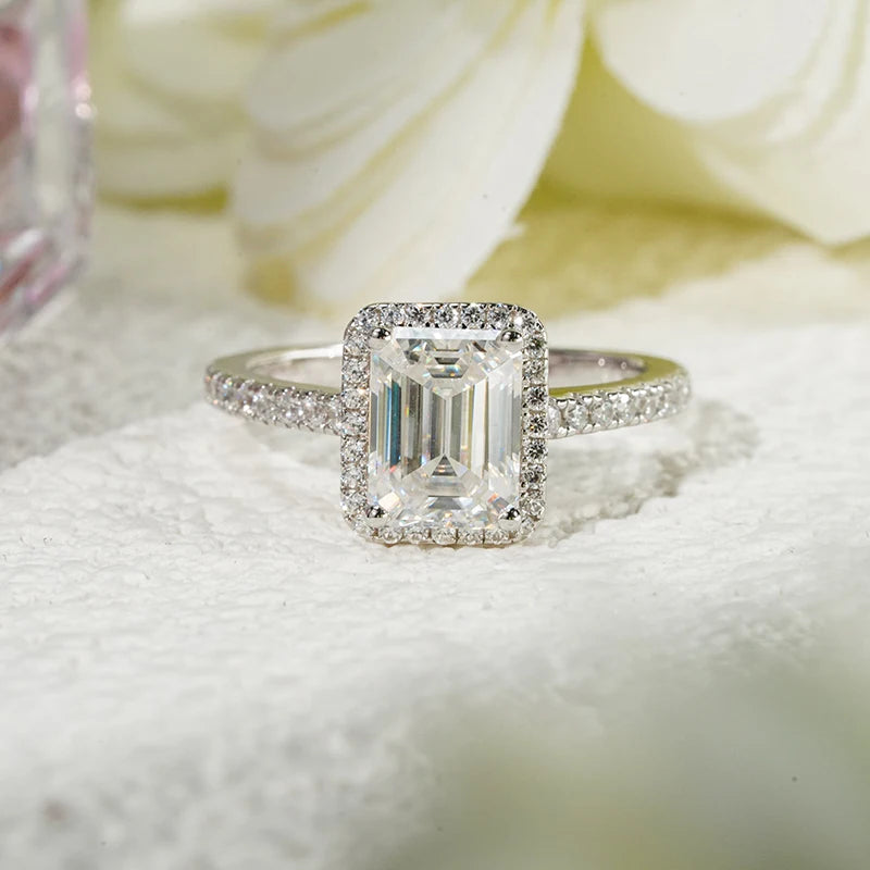 Starsgem S925 Sterling Silver 2.0ct Emerald Cut DEF VVS Moissanite Halo Style Engagement Rings