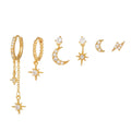 Moon Star Tassel Earrings Set Hypoallergenic S925 Silver Studs and Hoop Trendy 5A Zircon Design for Gifts