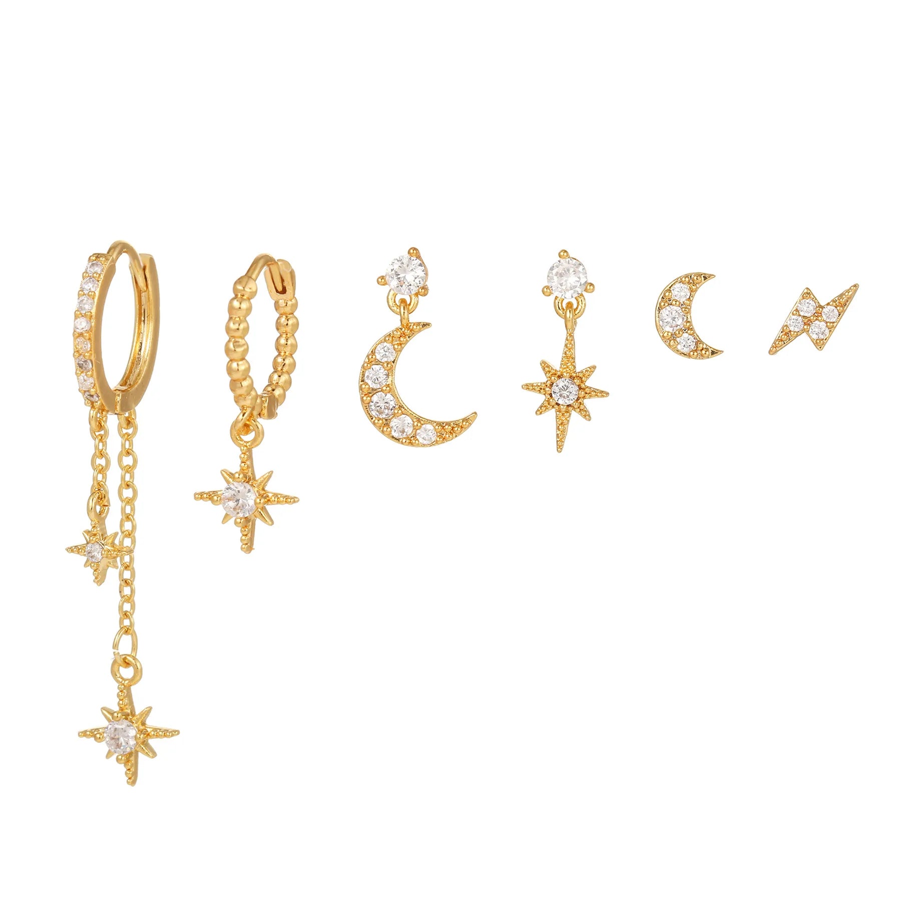 Moon Star Tassel Earrings Set Hypoallergenic S925 Silver Studs and Hoop Trendy 5A Zircon Design for Gifts