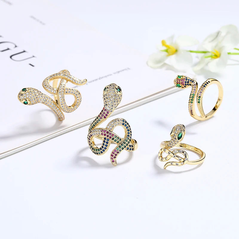Hengdian Hip Hop Safari Wholesale Colorful Zircon 18K Gold Plated Animal Snake Rings Fashion Jewelry