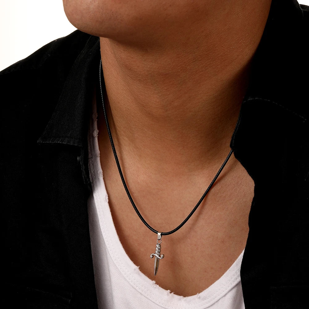 Ins Fashion Personalized Stainless Steel Small Knife Pendant Black Wax Cord Rope Short Choker Necklace for Men