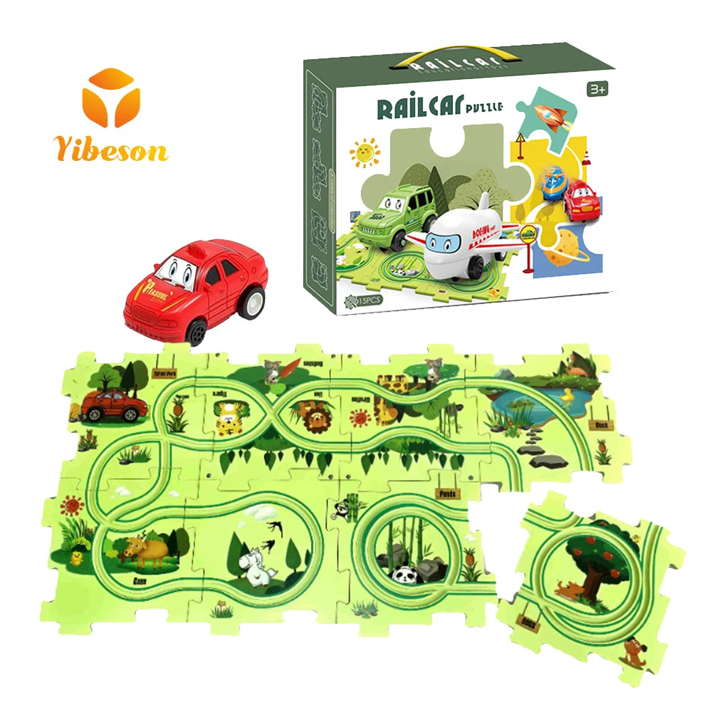 Popular Funny Cartoon Land Theme Building Blocks Track Mini Electric Puzzle Rail Car Train Toy