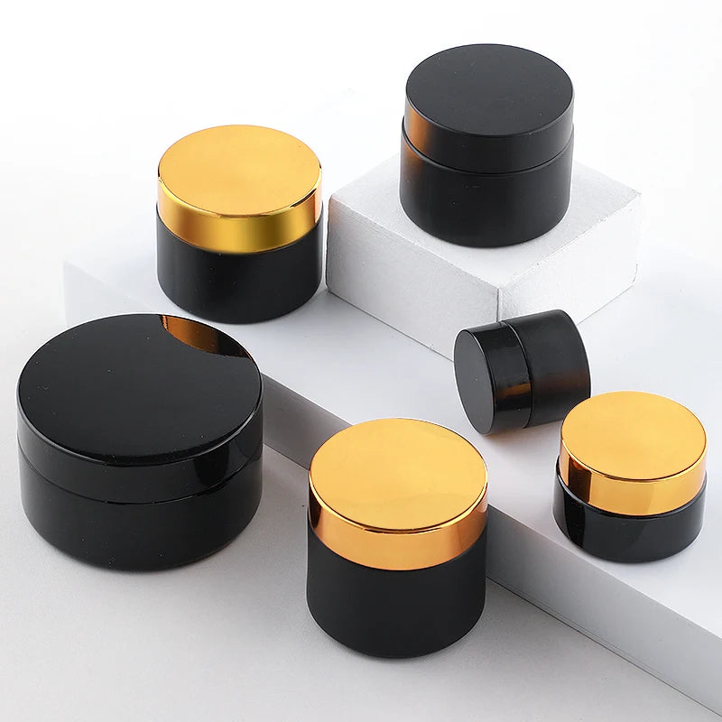 Hot Sale 30g 50g Black Empty Body Cream Cosmetic Jars Face Cream Glass Jar with Shiny Gold Lid