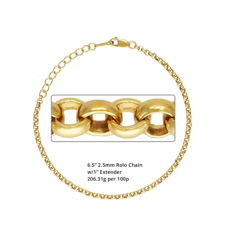 2022 New 14K Gold Filled 2.5mm Jewelry  Rolo Chain Bracelets With Extender