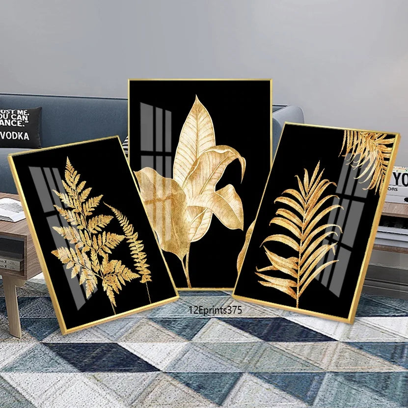 Abstract Art Hotel Prints 3pcs Golden Leaf Wall Crystal Porcelain Painting