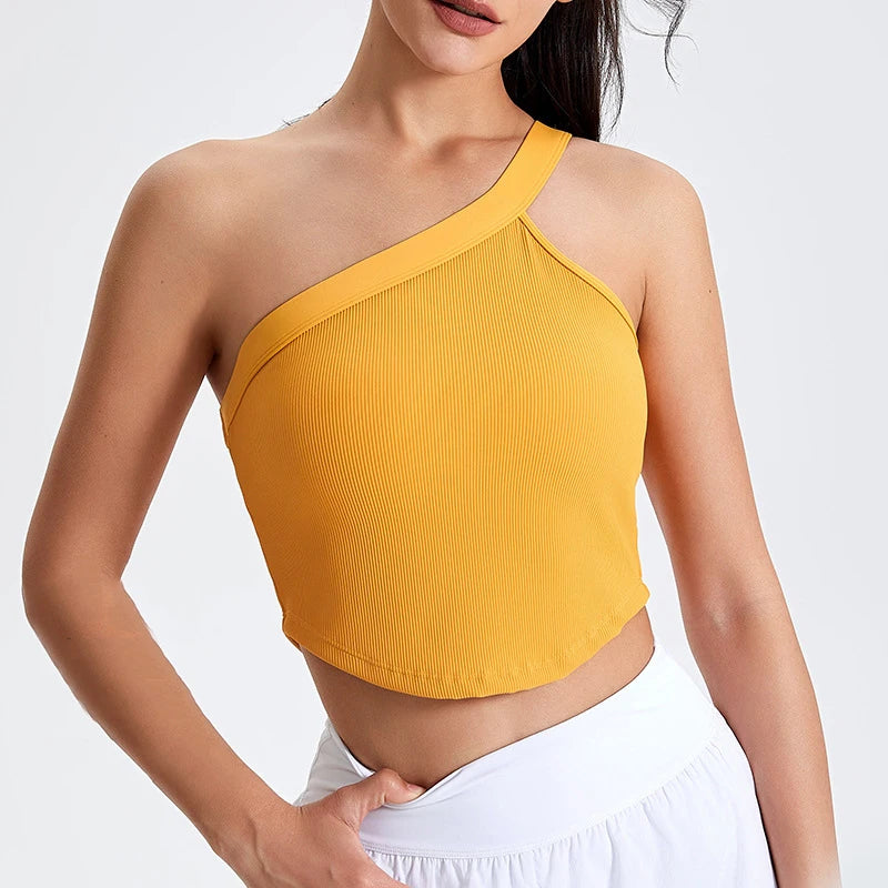 Women's Ribbed Yoga Tank Tops Single Shoulder Quick Dry Woven Knitted Casual Sport Vest Summer Gym Plus Size Lace Dance