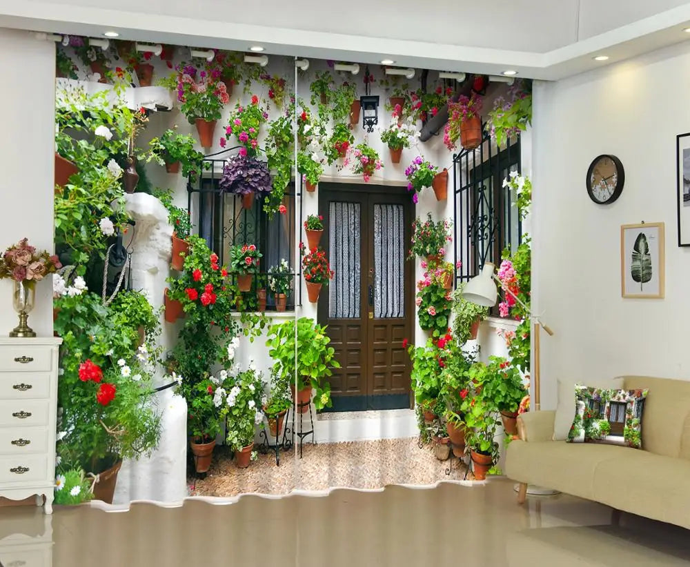 Wall Covered with Flowers 3D Digital Printed Landscape Photo 100% Polyester Flame Retardant Modern Style Blackout Curtains