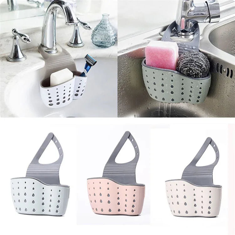 Adjustable Silicone Plastic Faucet Caddy with Hanging Strap for Drying Tools in Kitchen Sink Sponge Holder Soap Holder