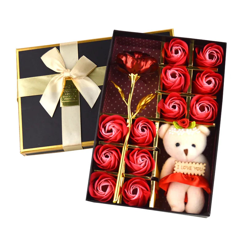 Valentine's Day Artificial Red Roses Colored Flower Soap Gift Box 12 Soap Roses and Flowers Gift Box With Bear