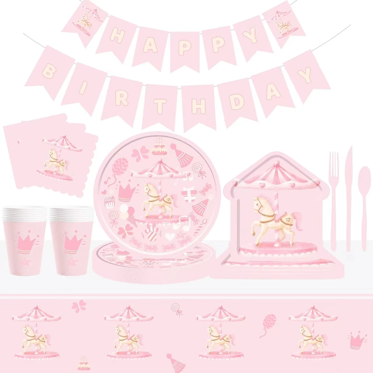 DAMAI Disposable Ready to Ship Carousel Birthday Party Decoration Girl Party Tableware Set Pink Paper Plates and Napkins Cups