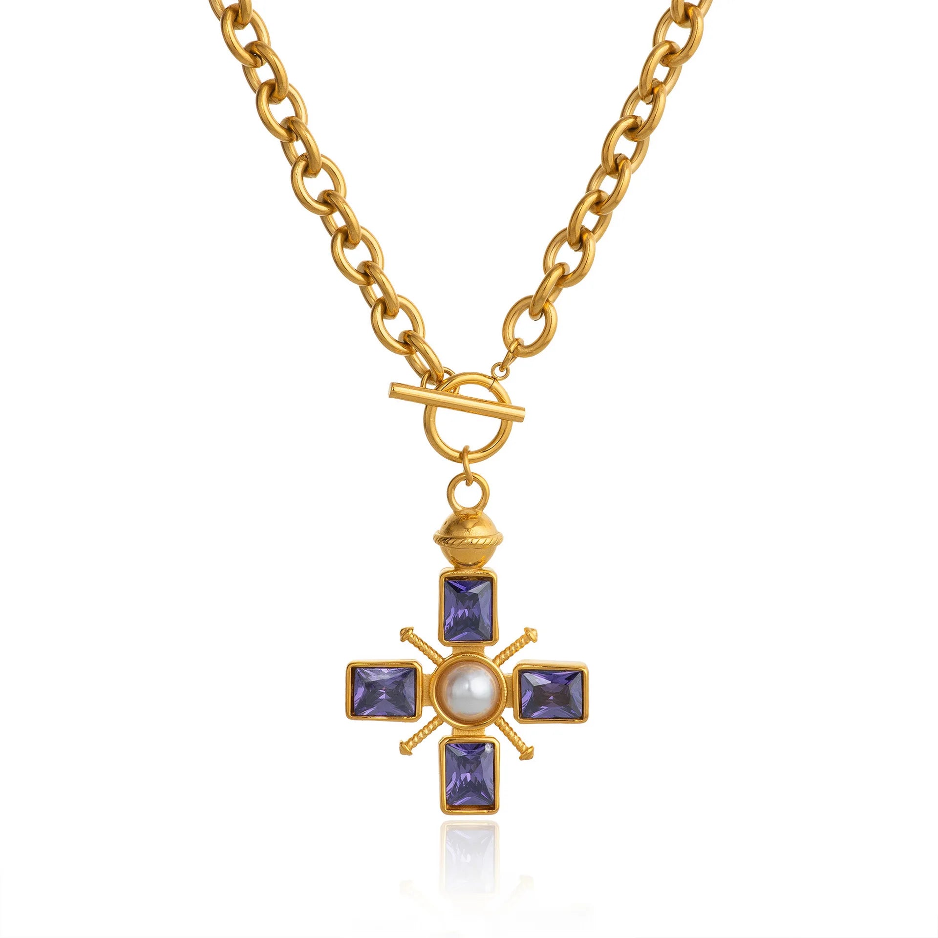 Luxury Women's Stainless Steel Purple Zircon Cross Necklace Religious Jewelry Anniversary Fashion Pearl Pendant Necklace Gift