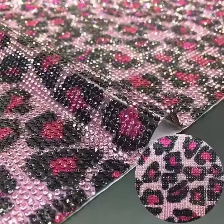Crystal Pink Leopard Print Self-Adhesive Rhinestone Sheet Hot Fix Decorative Stickers for Shoes Garments Bags Motif Style