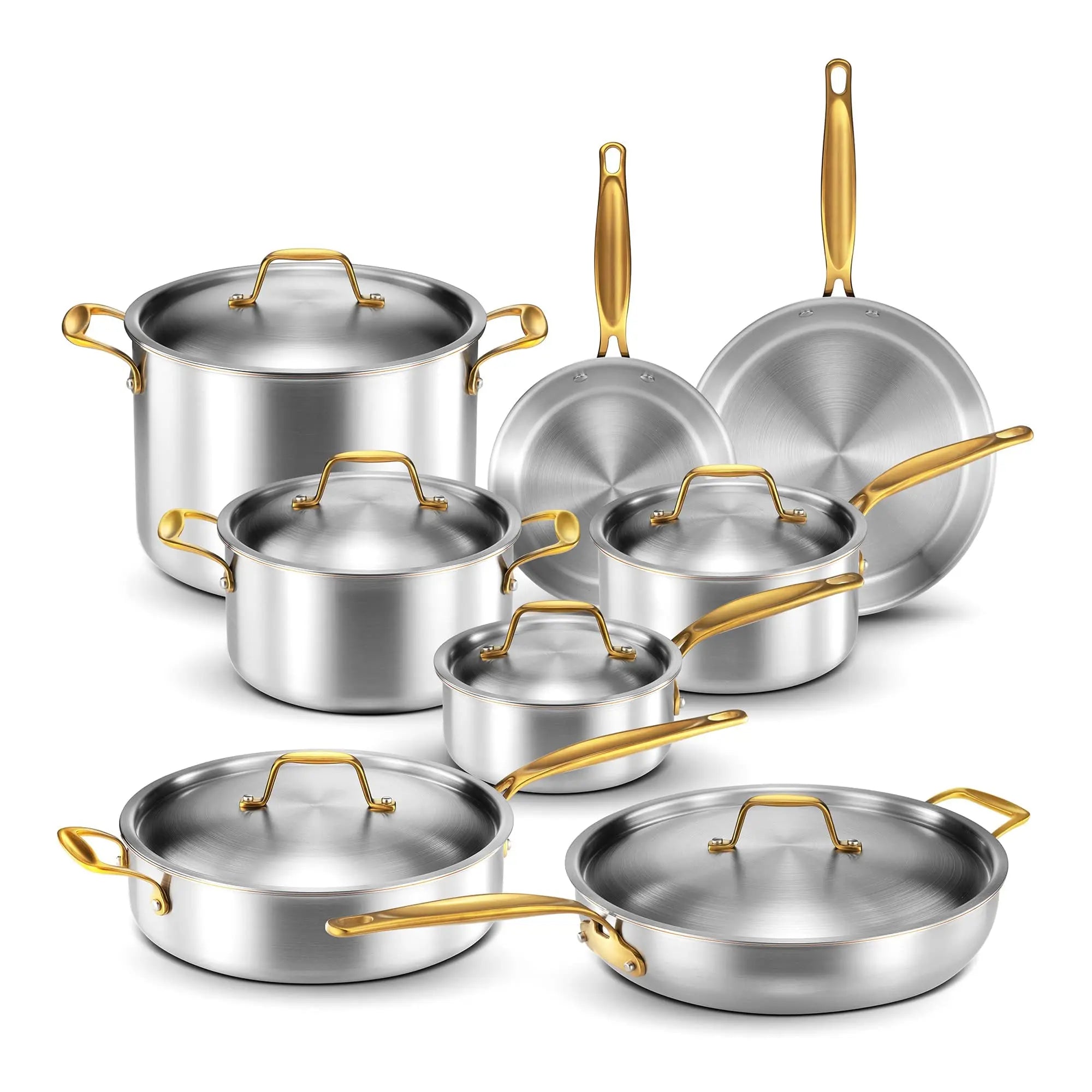 Manufacturer Pots and Pans 5-layer 14 Pc Copper Core Stainless Steel Pots & Pans Set All Kitchen Induction  Oven Dishwasher Safe