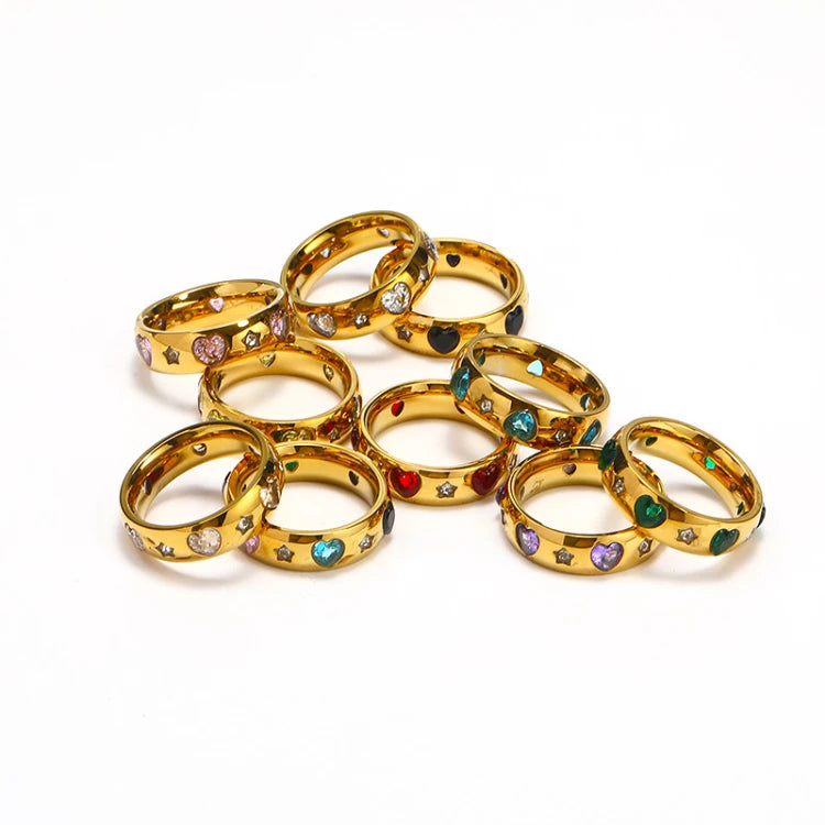 MC253 Wholesale Stainless Steel 6mm Gold Plated Ring Love Shape Pentagram Colourful Zircon Fashion Jewelry Ring for Women
