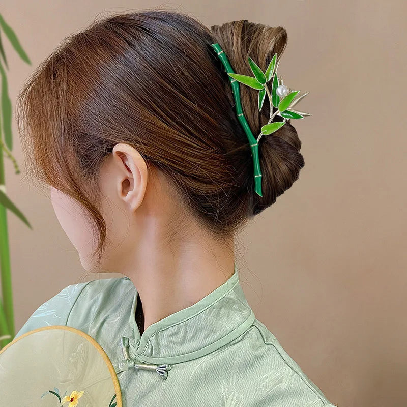 Pince Cheveux New Women's Retro Green Bamboo Hair Clips Women's Ponytail Claw Clip Shark Clip Girl Styling
