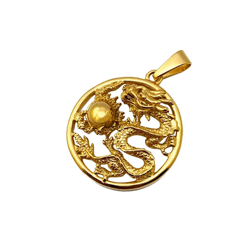 Vintage Chinese Zodiac Gold Dragon Necklace Punk Style Stainless Steel Dragon Badge Pendants Hollow Round Dragon Bead Pendant