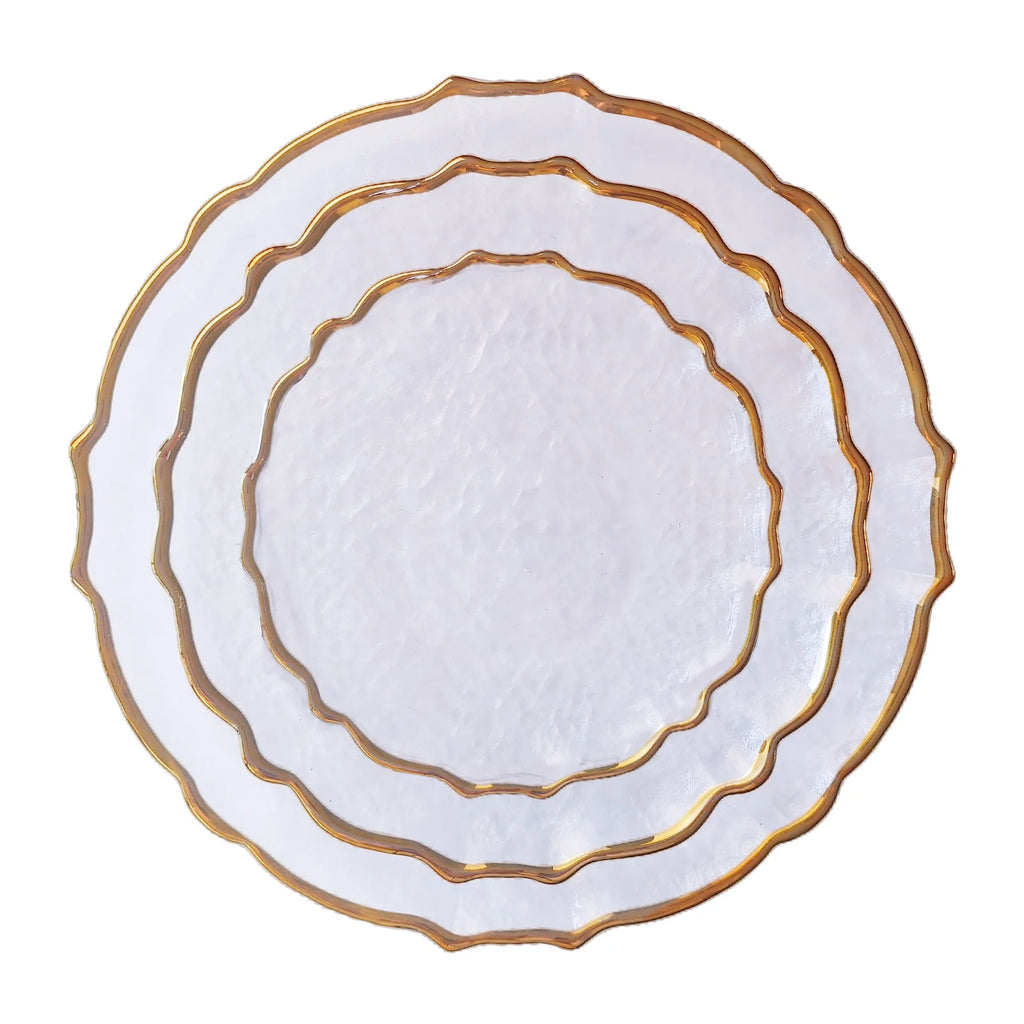 Luxury Hand Blown Glass Charger Plates Transparent Golden Silver Rose Gold White Black Rim for Wedding Decorations Eco-Friendly