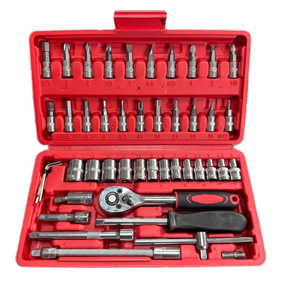 46pcs Versatile 1/4\" Drive CR-V Ratchet Socket Wrench Set Durable Light Metal Construction Auto Repair Combination Hard Case