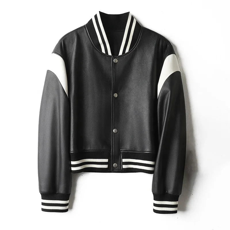 Jancoco Black Lamb Skin Leather Bomber Coat Crop Real Leather Varsity Jacket Women