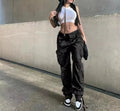 Fashionable Mid Waist Side Pockets Wide Leg Cargo Jean Pants Trousers for Women