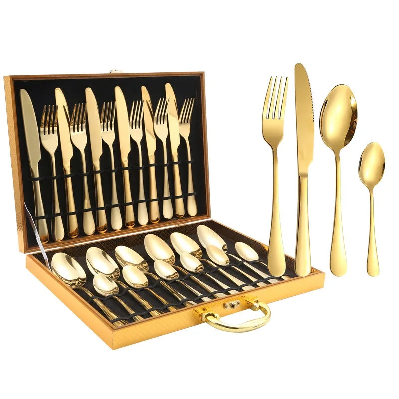 In Stock Silverware 24 Piece Gold Stainless Steel Cutlery Set Flatware for GIft Weeding